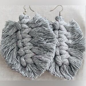 Hoodie Gray Macrame Fringe Earrings Approximately 3x3”